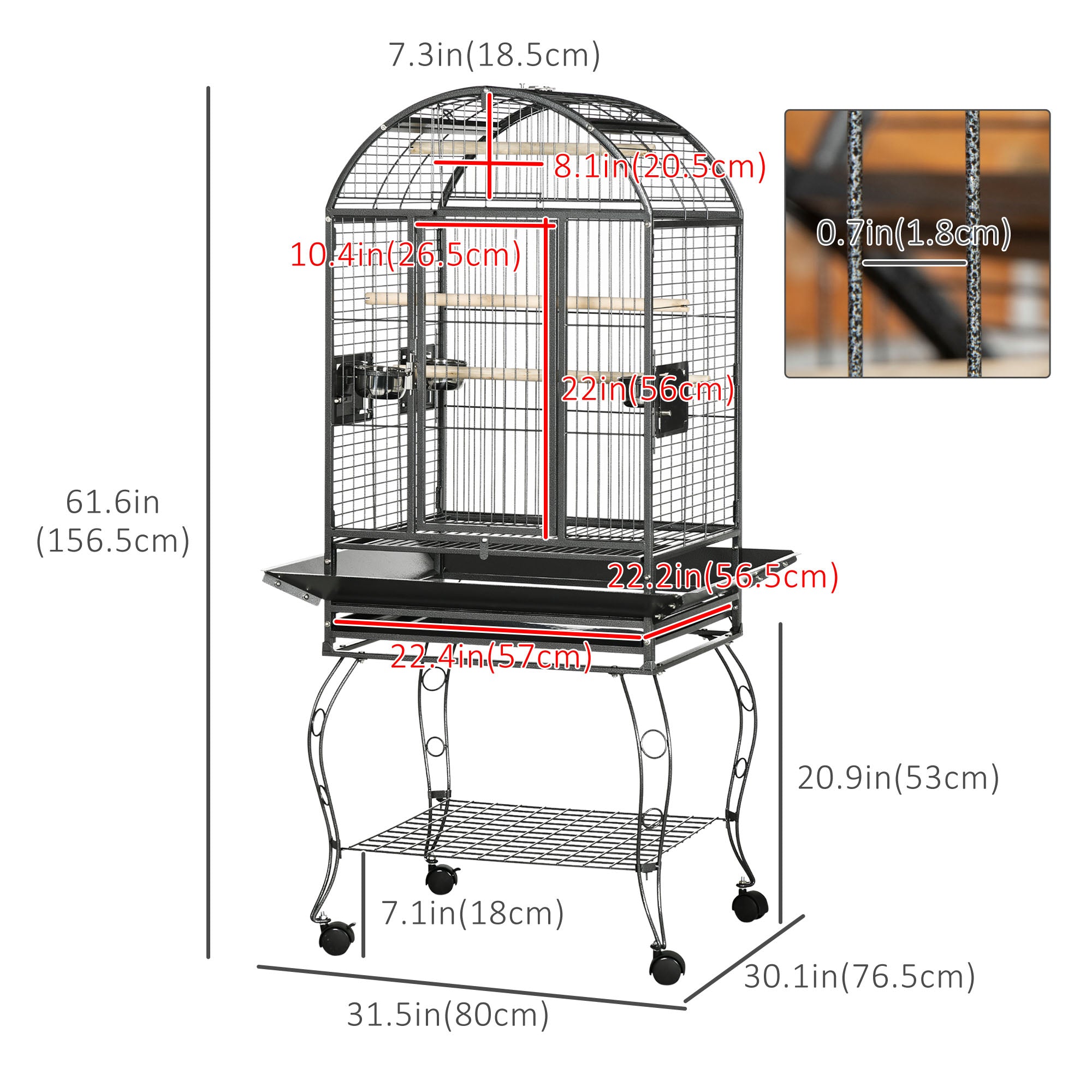 PawHut 66" Bird Cage Parrot Cage for Conures, Cockatiels, Parrotlet with Play Top, Rolling Stand, Pull Out Tray, Storage Shelf