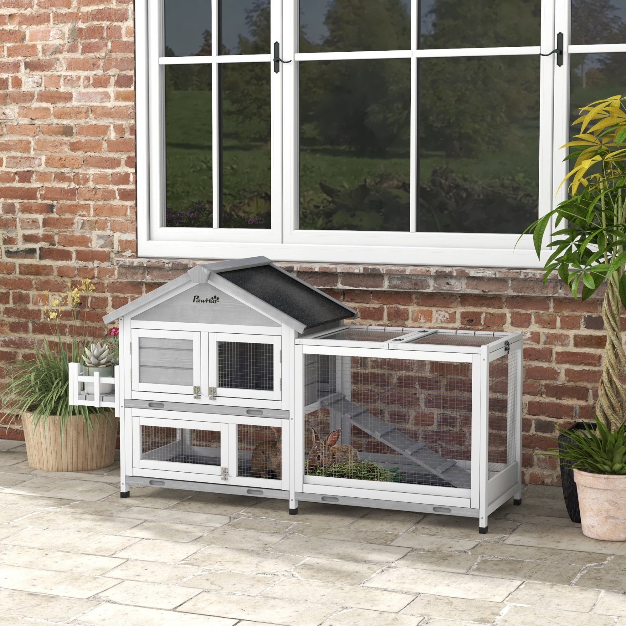 PawHut 65" Wooden Rabbit Hutch, Pet Playpen with Openable Roof, Storage Box, for Rabbits and Small Animals, Grey