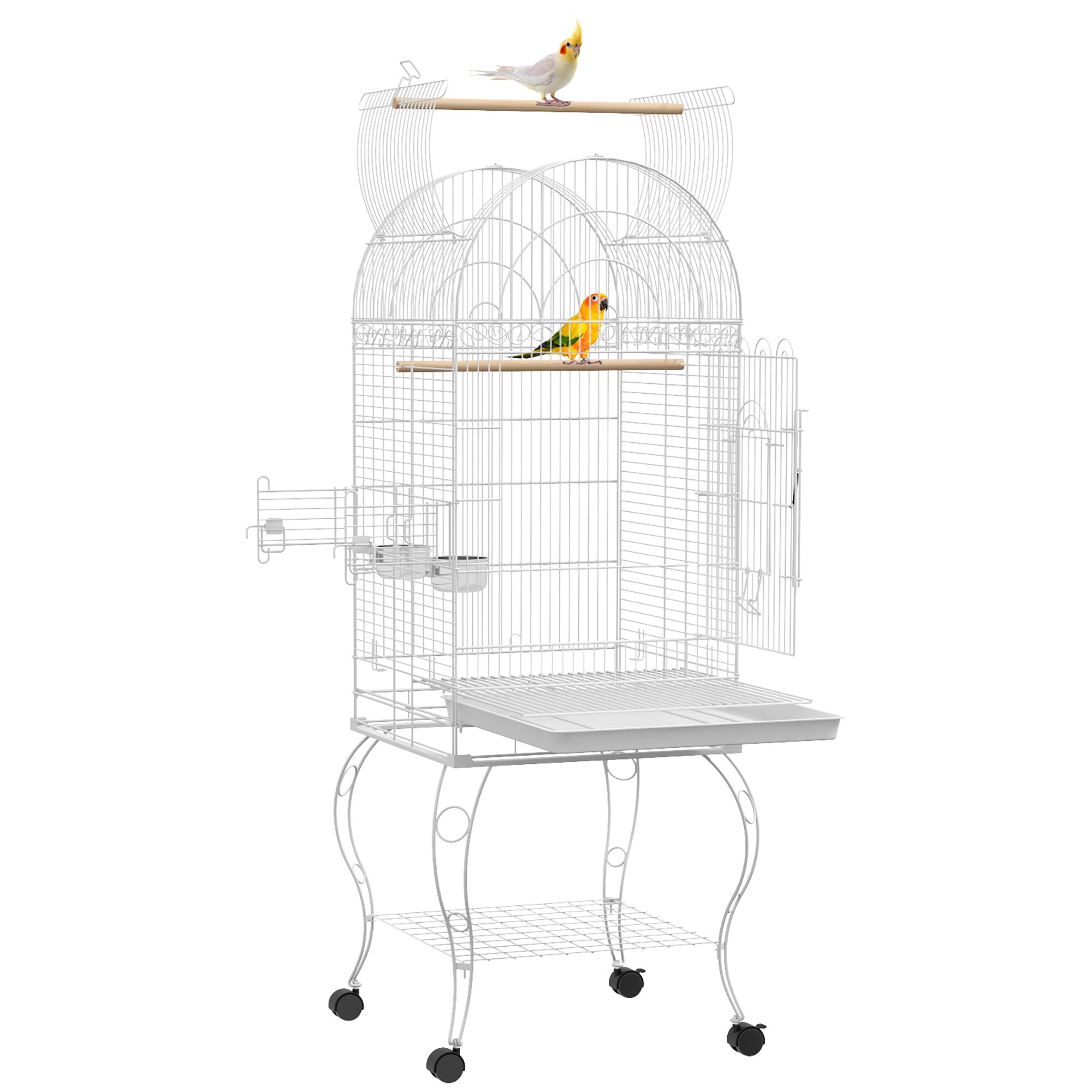 PawHut Play Open Top Bird Cage 60" Parrot Cage for Cockatiel, Sun Conure with Rolling Stand, Removable Tray, Perches, Storage Shelf White, 20.1" x 20.1"