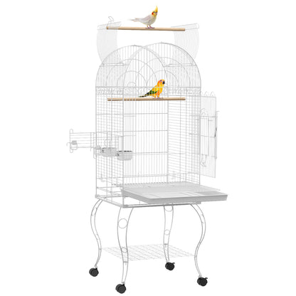PawHut Play Open Top Bird Cage 60" Parrot Cage for Cockatiel, Sun Conure with Rolling Stand, Removable Tray, Perches, Storage Shelf White, 20.1" x 20.1"