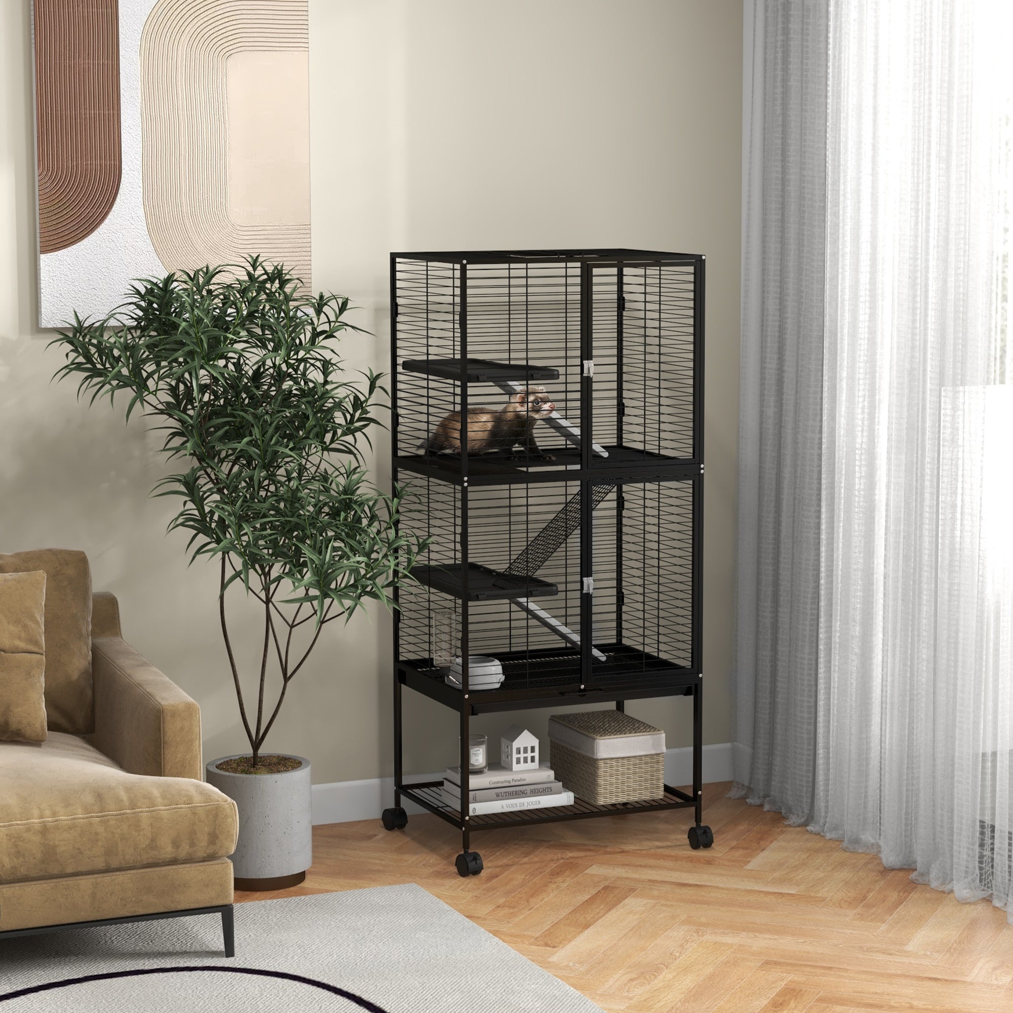 PawHut Rolling Small Animal Cage 53.5"H Chinchilla Cage for Ferrets, Squirrels w/ Removable Tray, Storage Shelf, Black