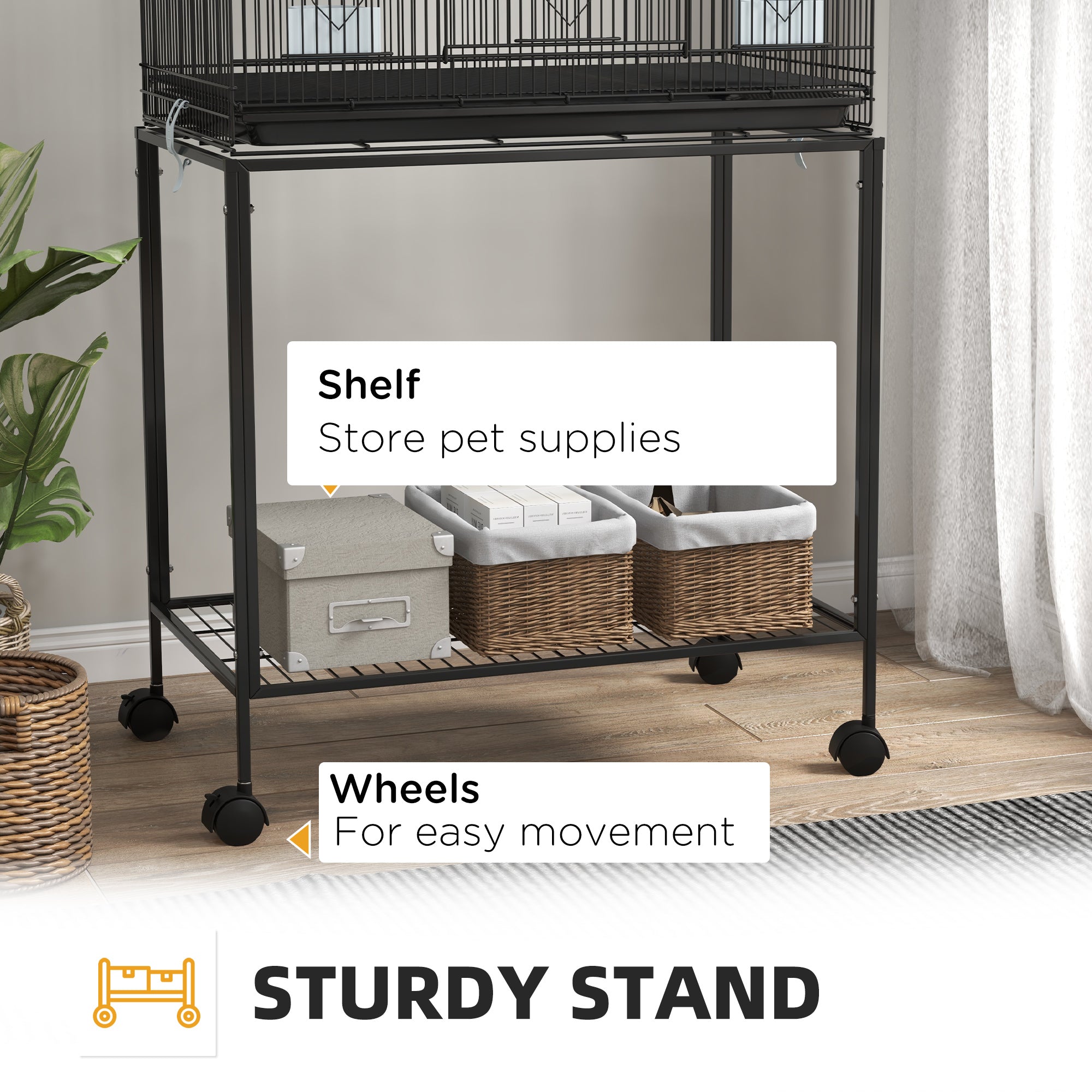 PawHut 65" Birdcage for Canaries, Lovebirds Finches, Budgie Cage with Wheels, Black