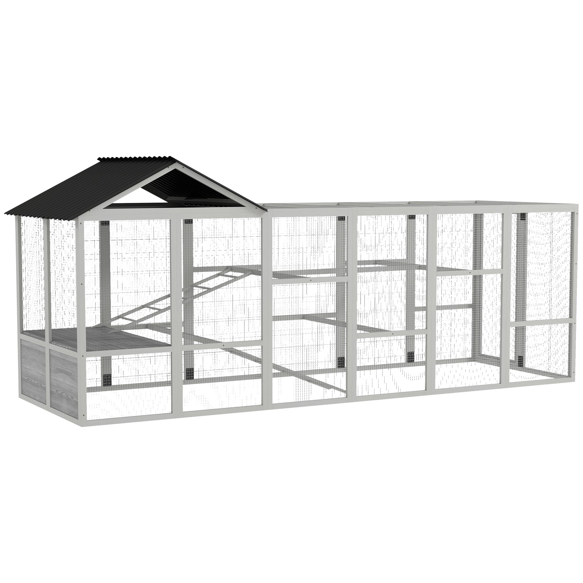 PawHut 142" Outdoor Wooden Chicken Coop with Run, Ramps, Perches, Storage, Combinable Design for 6 - 10 Chickens, Grey