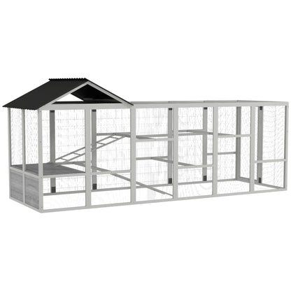 PawHut 142" Outdoor Wooden Chicken Coop with Run, Ramps, Perches, Storage, Combinable Design for 6 - 10 Chickens, Grey