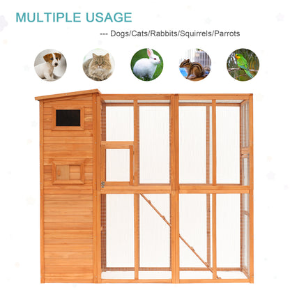PawHut Large Wooden Outdoor Cat House with Large Run for Play, Catio for Lounging, and Condo Area for Sleeping, Natural