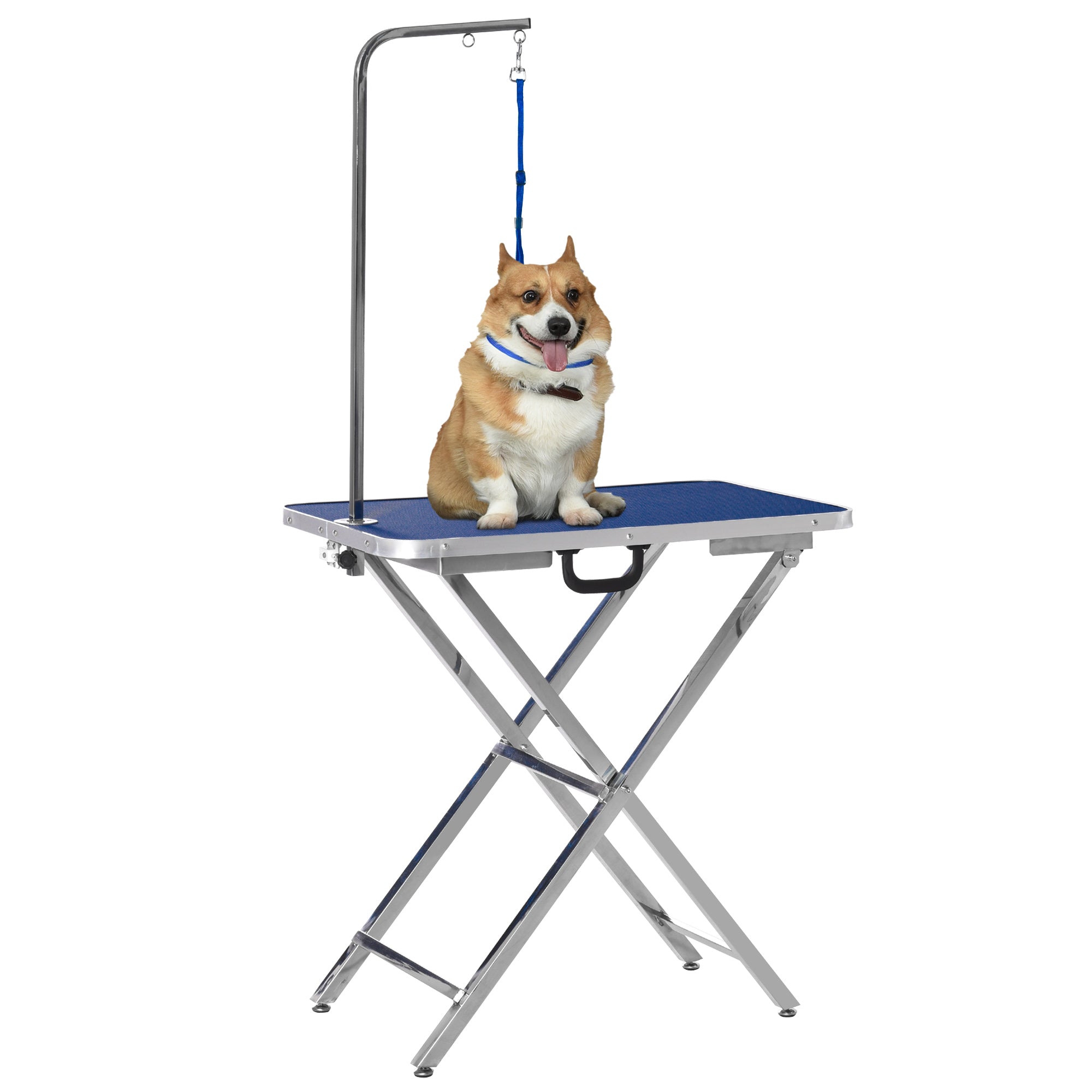 PawHut 28" Foldable Dog Grooming Table with Adjustable Arm, Non-Slip Surface for Medium Small Dogs, Cats, Blue