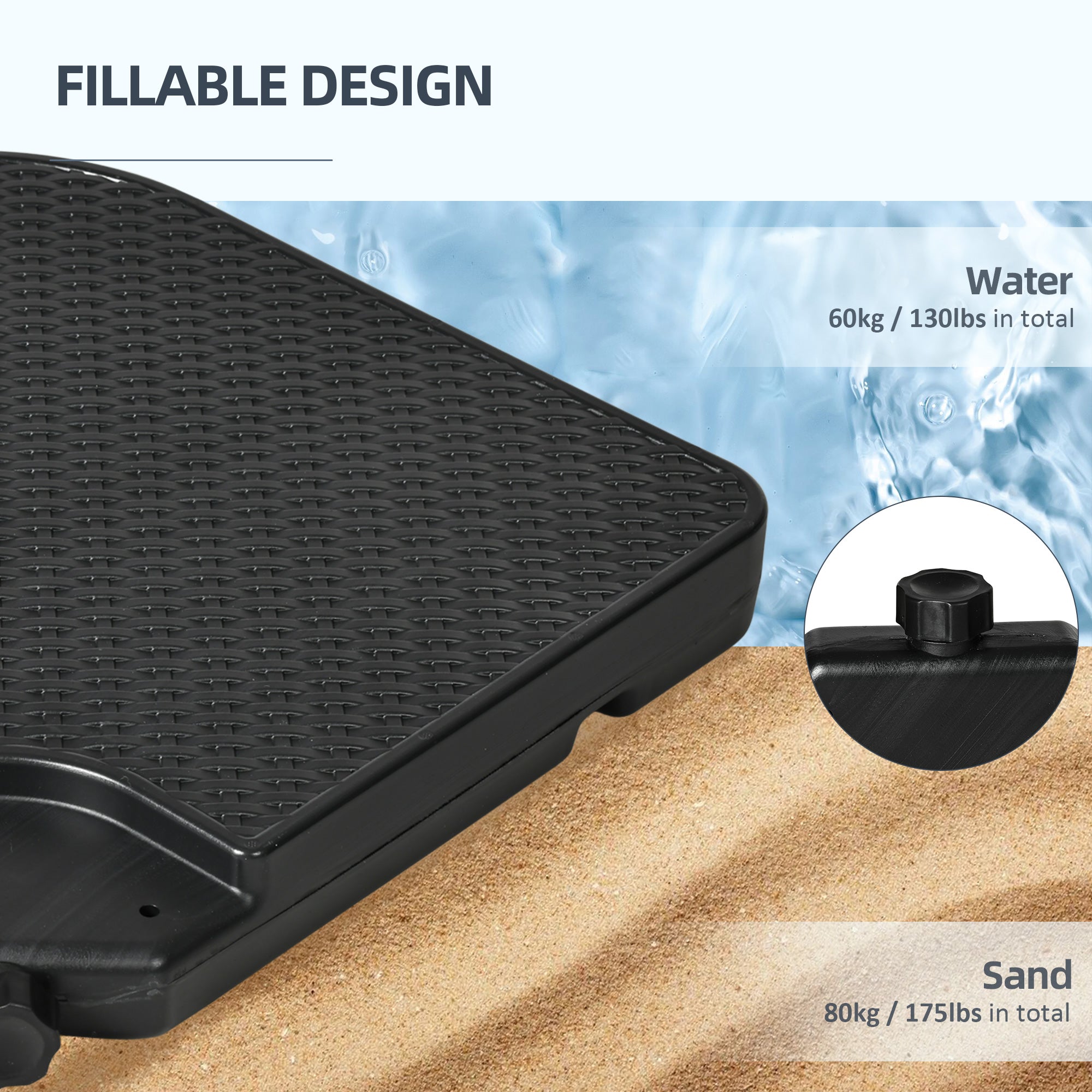 Outsunny 4PCs Cantilever Umbrella Base Weights for Offset Banana Parasol, HDPE Water or Sand Filled Patio Umbrella Weights for Cross Base Stand with Built-in Handles, Black