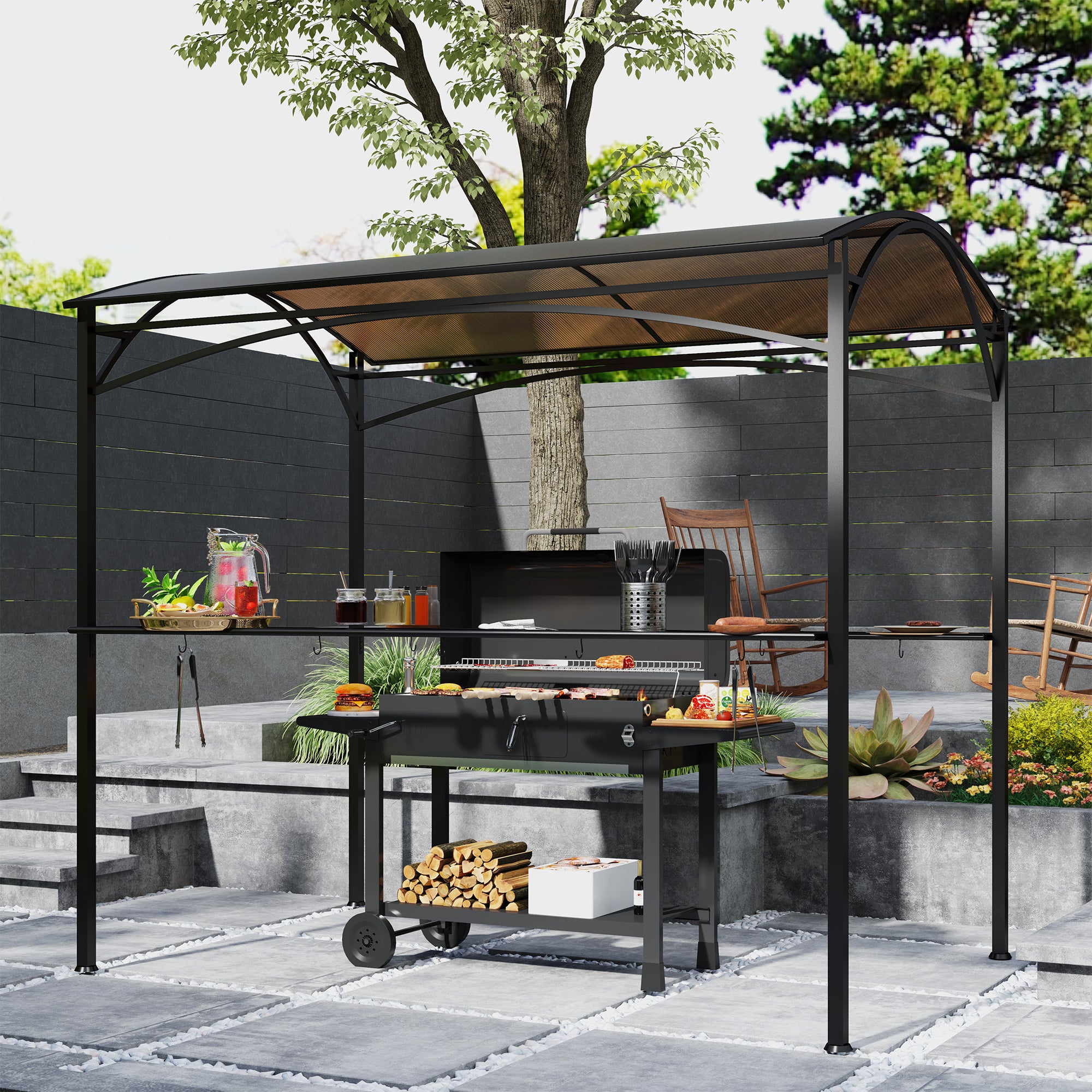Outsunny 8' x 5' Hardtop Grill Gazebo, Outdoor BBQ Gazebo with PC Board Roof, BBQ Canopy Gazebo with 2 Side Shelves and 10 Hooks
