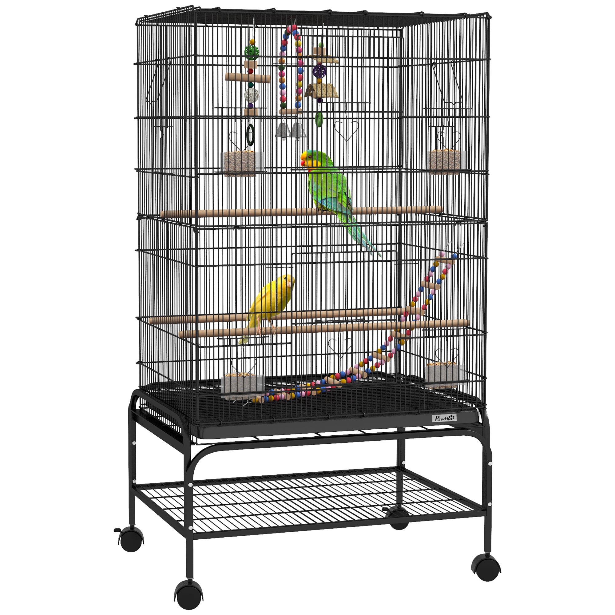 PawHut 43" Bird Cage with Rolling Stand, Toys, for Budgies Canaries Black