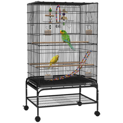 PawHut 43" Bird Cage with Rolling Stand, Toys, for Budgies Canaries Black