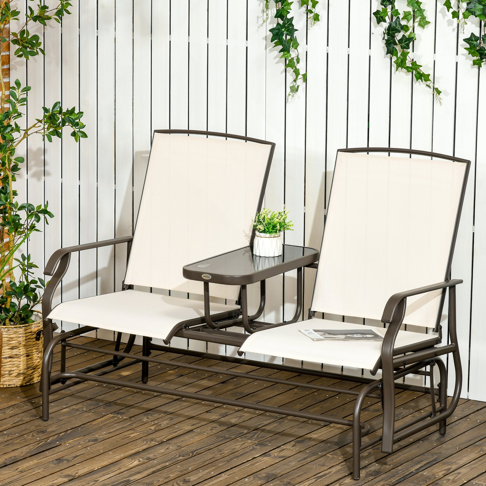 Outsunny Patio Glider Rocking Chair 2 Person Outdoor Loveseat Rocker Garden Furniture Bench, Beige