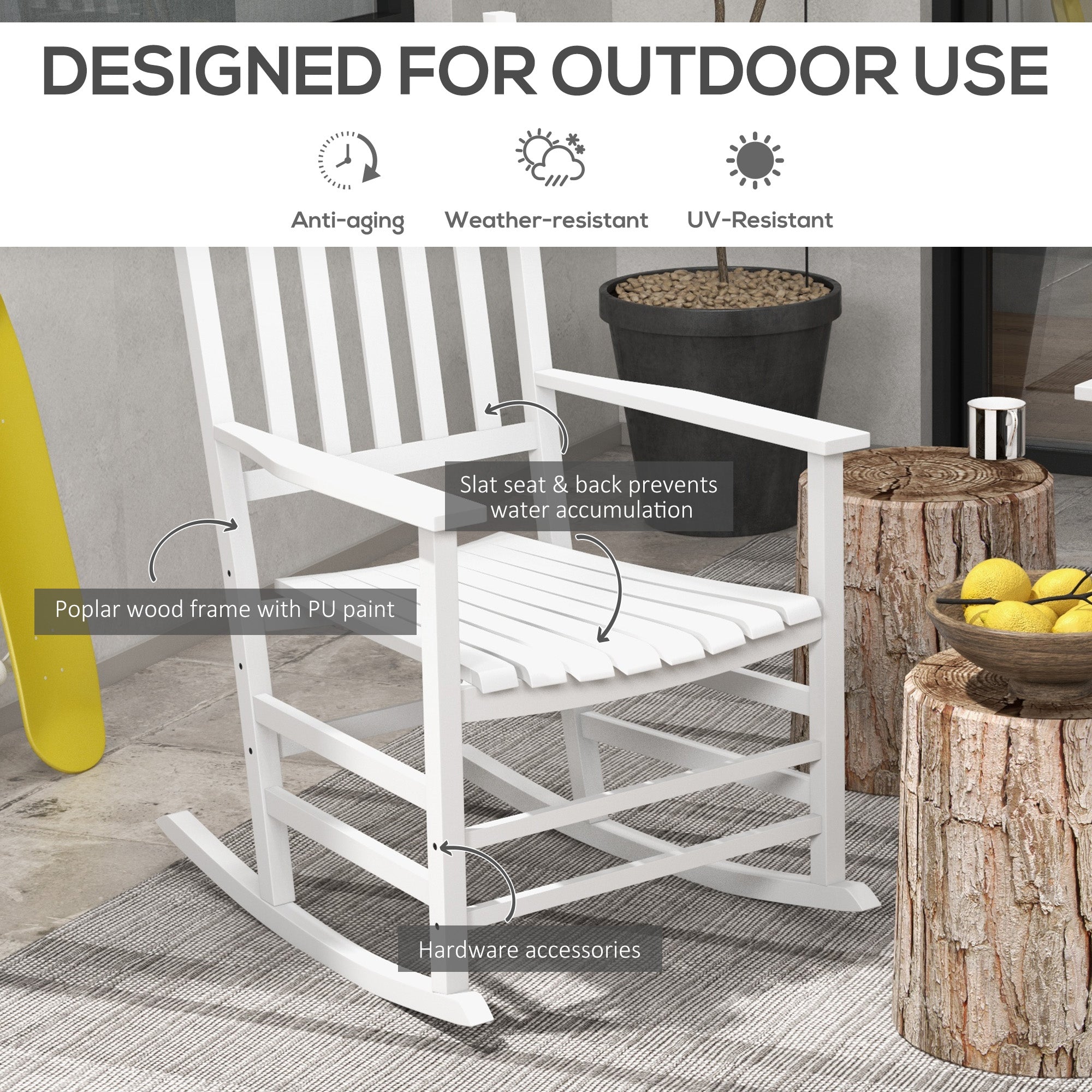 Outsunny Wooden Patio Rocking Chairs Set of 2, Outdoor Rocker Chairs with Wide Armrests, High Back for Garden, Balcony, White