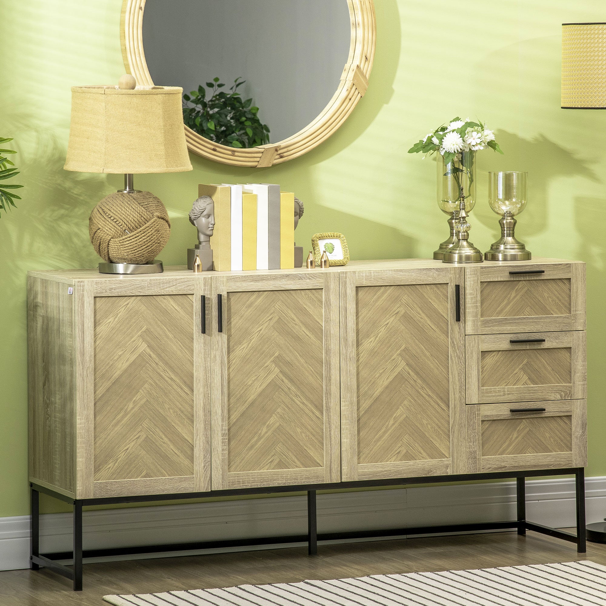 HOMCOM Buffet Cabinet, Coffee Bar Cabinet with Drawers and Adjustable Shelves, Oak