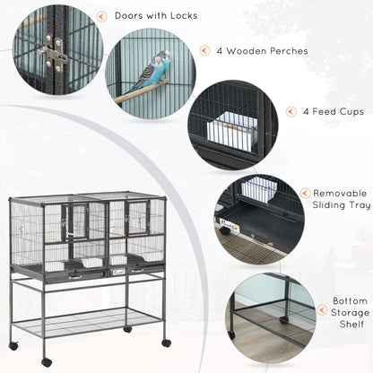 PawHut Large Double Rolling Metal Bird Cage Bird House w/ Removable Tray Storage Shelf