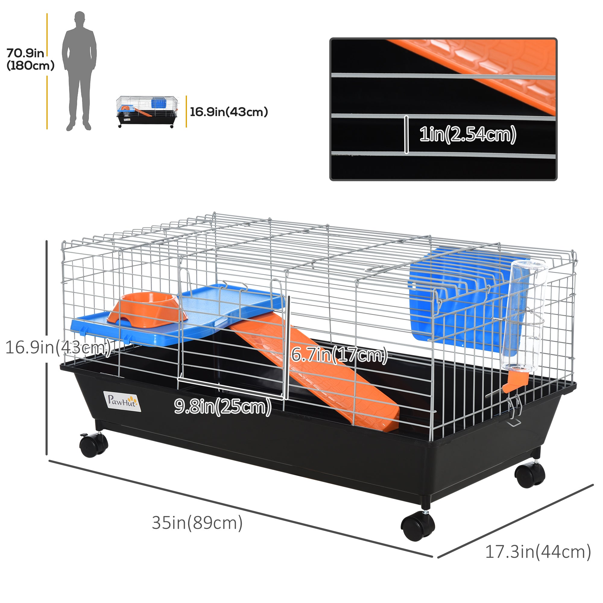 PawHut Small Animal Cage, Rolling Bunny Cage, Guinea Pig Cage with Food Dish, Water Bottle, Hay Feeder, Platform, Ramp, Black