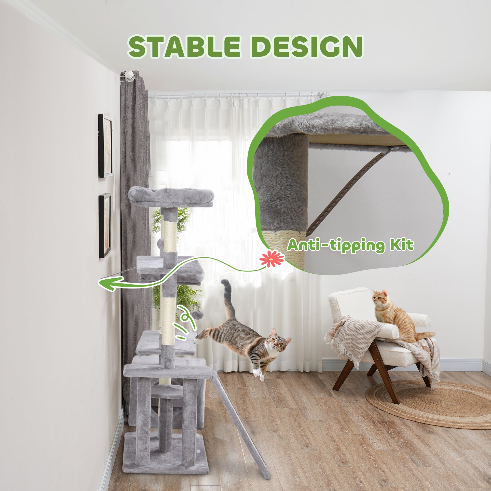 PawHut 53" Cat Tree, Cat Tower with Scratching Posts, Cat Condo, Beds, Platforms, Toy Balls for Indoor Cats, Light Grey