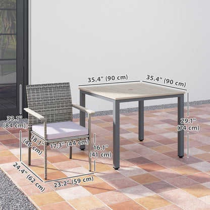 Outsunny 5 Pieces Wicker Outdoor Furniture Set, Rattan Patio Dining Set with Cushions, Umbrella Hole for Garden Backyard, Grey