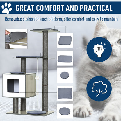 PawHut 47.2" Cat Tree, Kitten Scratcher, Activity Center, Play House with Condo Sisal, Scratching Post, and Mat - Grey