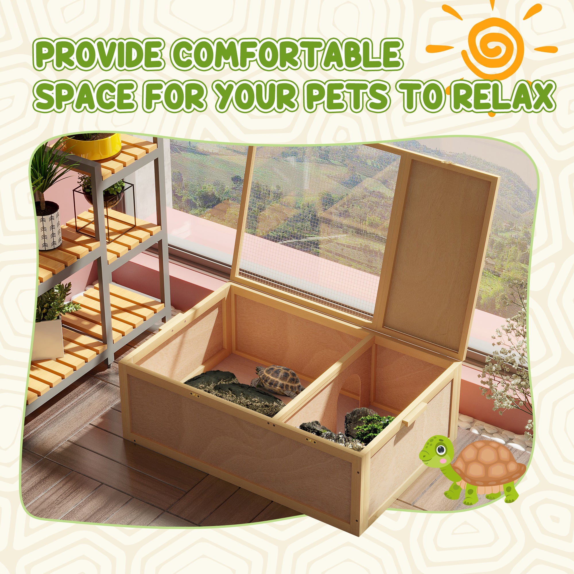 PawHut Wooden Tortoise Enclosure with Two Room Design, for Indoor Use, 37" x 25" x 13", Nature Wood