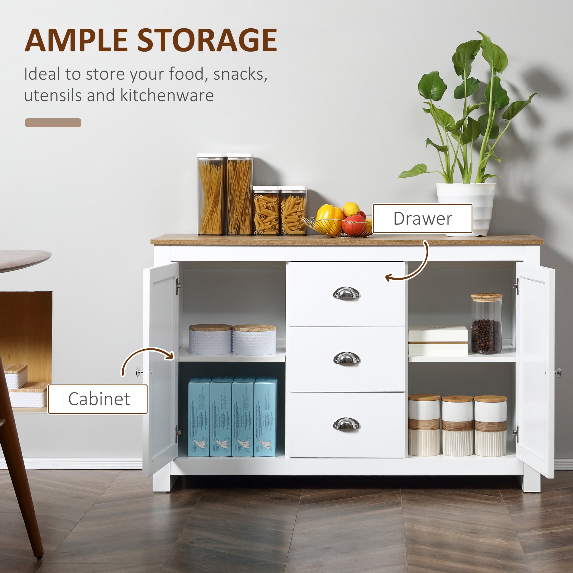 HOMCOM Modern Sideboard Cabinet, Kitchen Buffet Cabinet with 3 Drawers and Adjustable Shelves, Buffets Tables, White