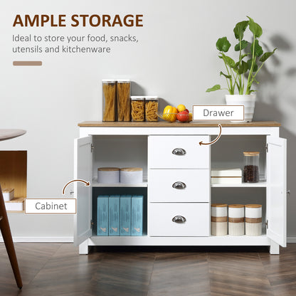 HOMCOM Modern Sideboard Cabinet, Kitchen Buffet Cabinet with 3 Drawers and Adjustable Shelves, Buffets Tables, White