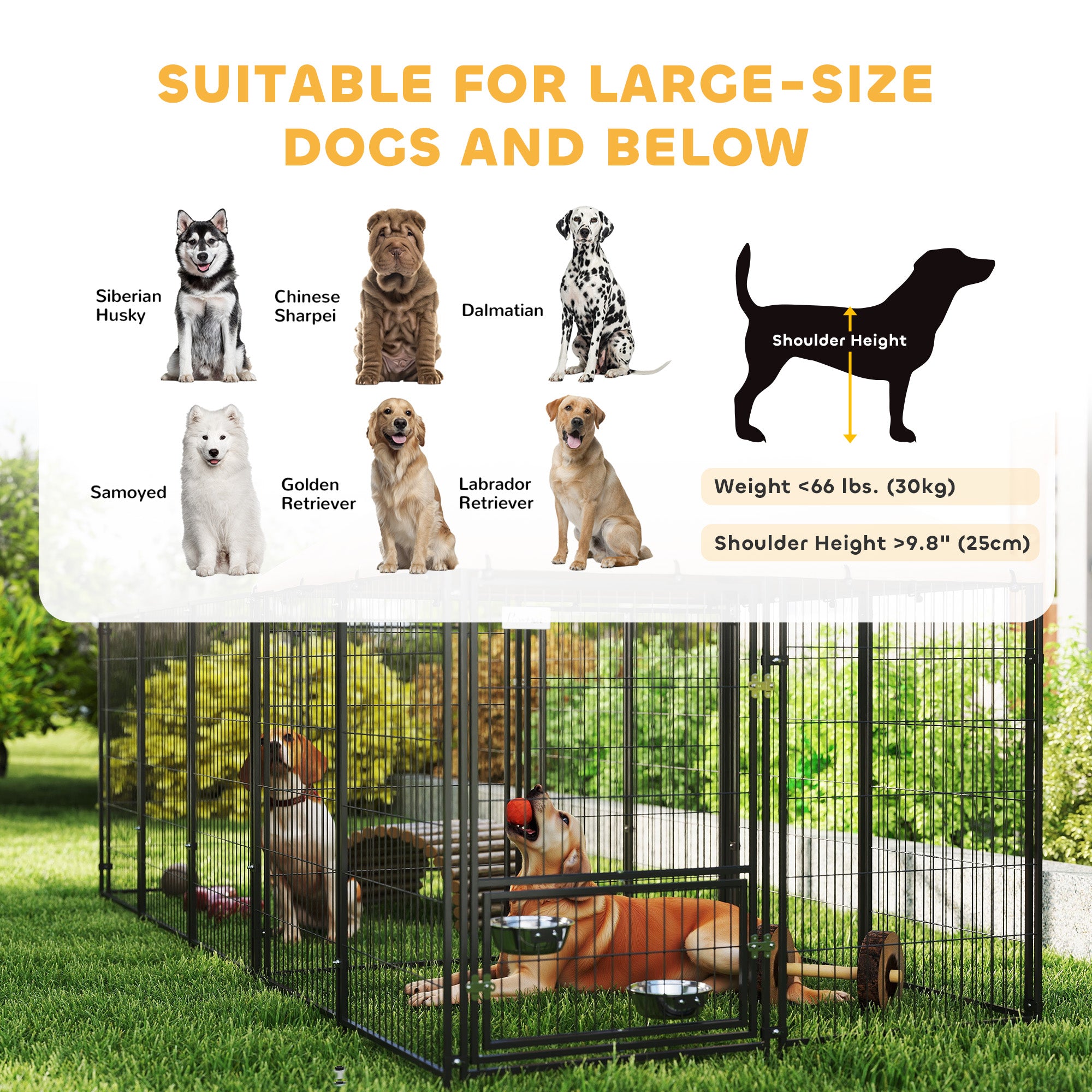 PawHut Outdoor Dog Kennel with Rotating and Adjustable Height Bowls, Waterproof UV-Resistant Cover, 11.3' x 4.7' x 5.1'