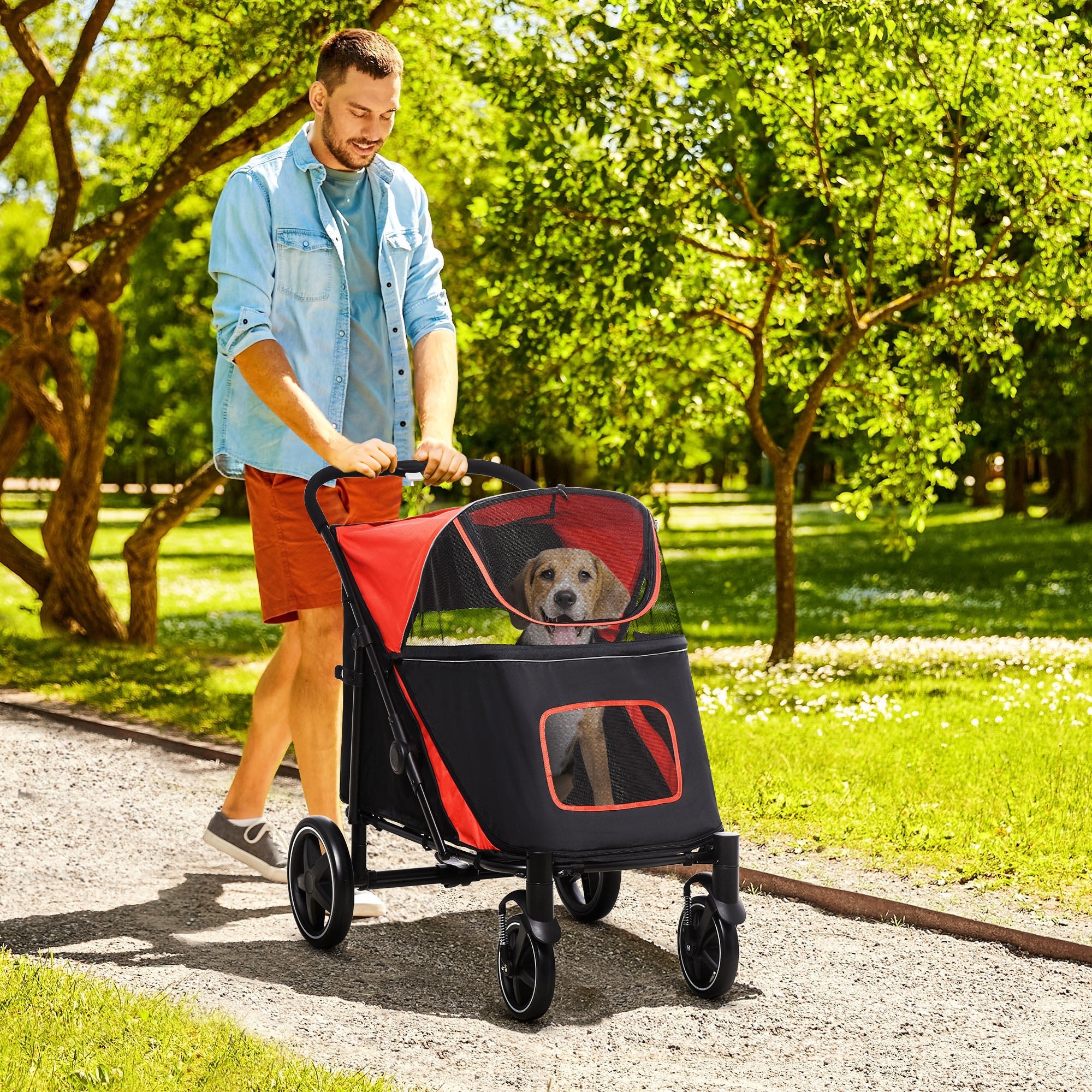 PawHut Foldable Pet Stroller with Universal Front Wheels, Shock Absorber, Dog Cat Carriage for Large & Medium Dogs, Red