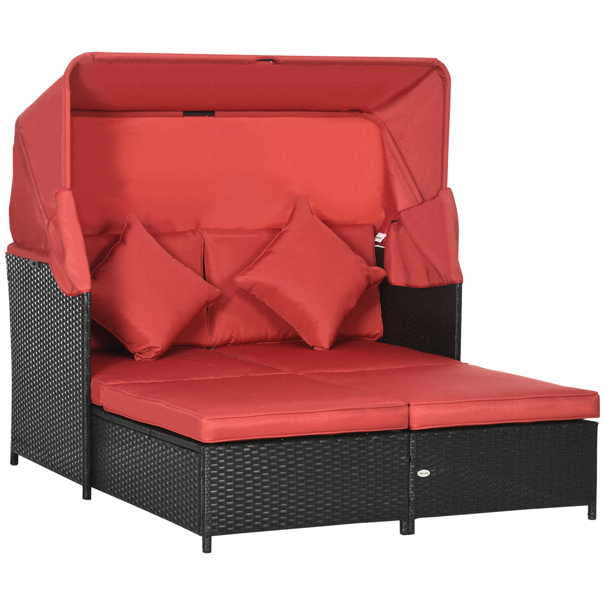 Outsunny Patio Daybed, Outdoor Wicker Double Daybed, PE Rattan Sun Lounger for 2-Person with Cushions, and Foldable Awning, for Garden, Balcony, Poolside, Red