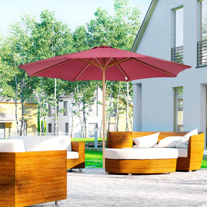 Outsunny 10' x 8' Bamboo Wooden Round Market Patio Sun Umbrella Garden Parasol Outdoor Sunshade Canopy, Wine Red