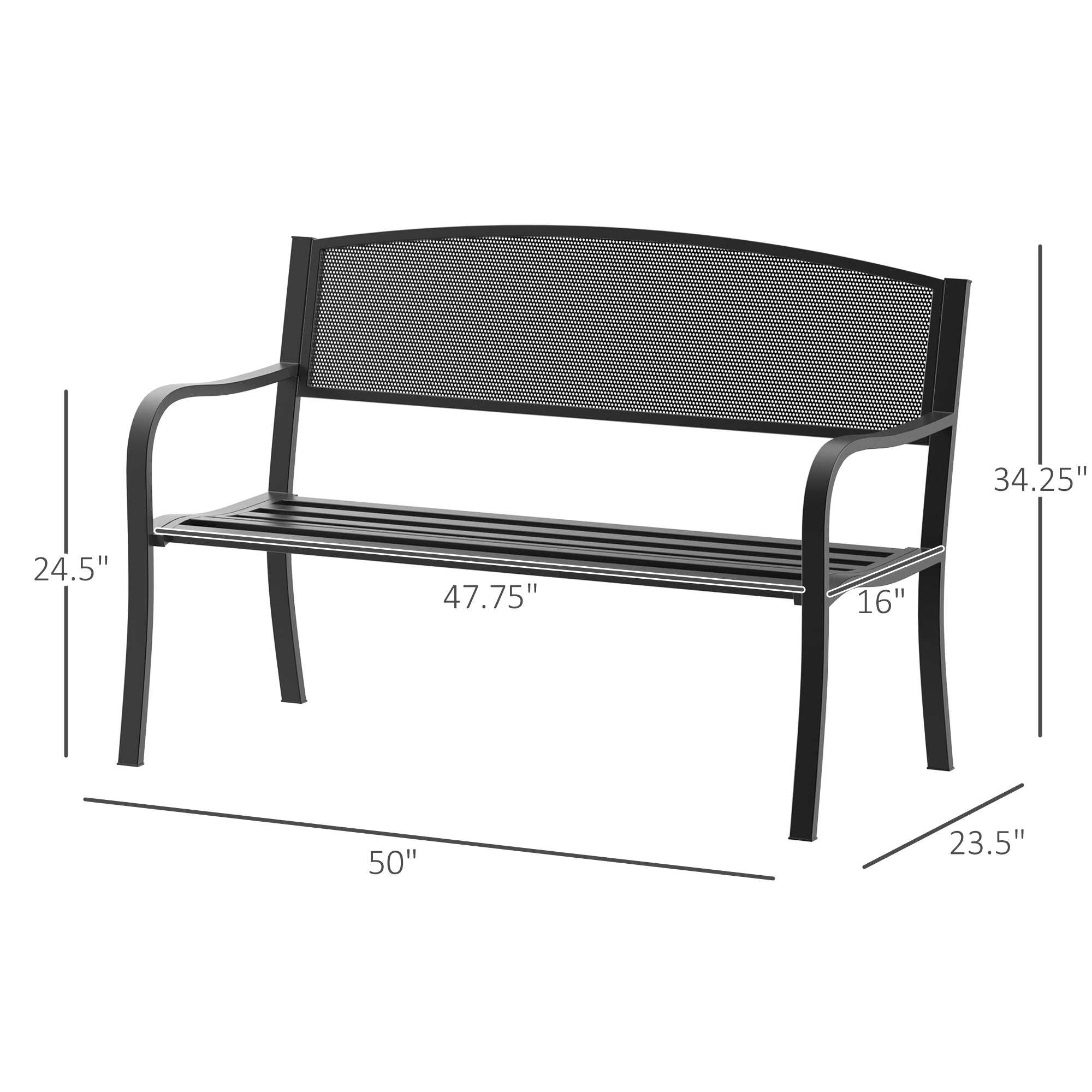 Outsunny 50" Steel Garden Bench Outdoor Patio 2-Person Park Seat Yard Furniture Loveseat Black