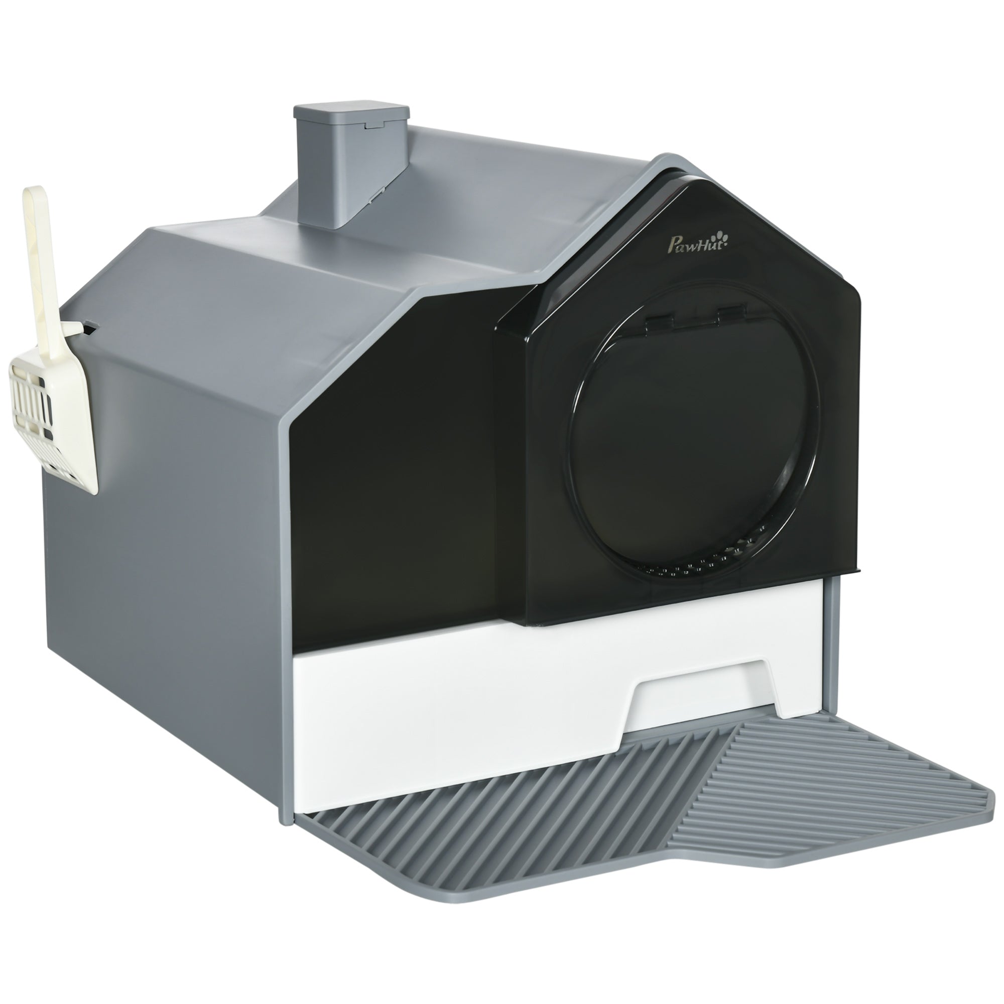 PawHut Hooded Cat Litter Box with Lid, Pull-Out Drawer, Handle, Scoop, Deodorizer Packs for Odor Control & Easy-Clean, Grey