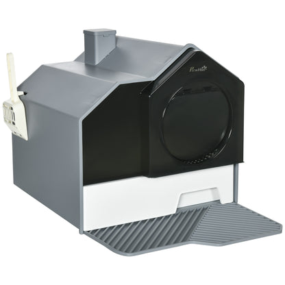PawHut Hooded Cat Litter Box with Lid, Pull-Out Drawer, Handle, Scoop, Deodorizer Packs for Odor Control & Easy-Clean, Grey