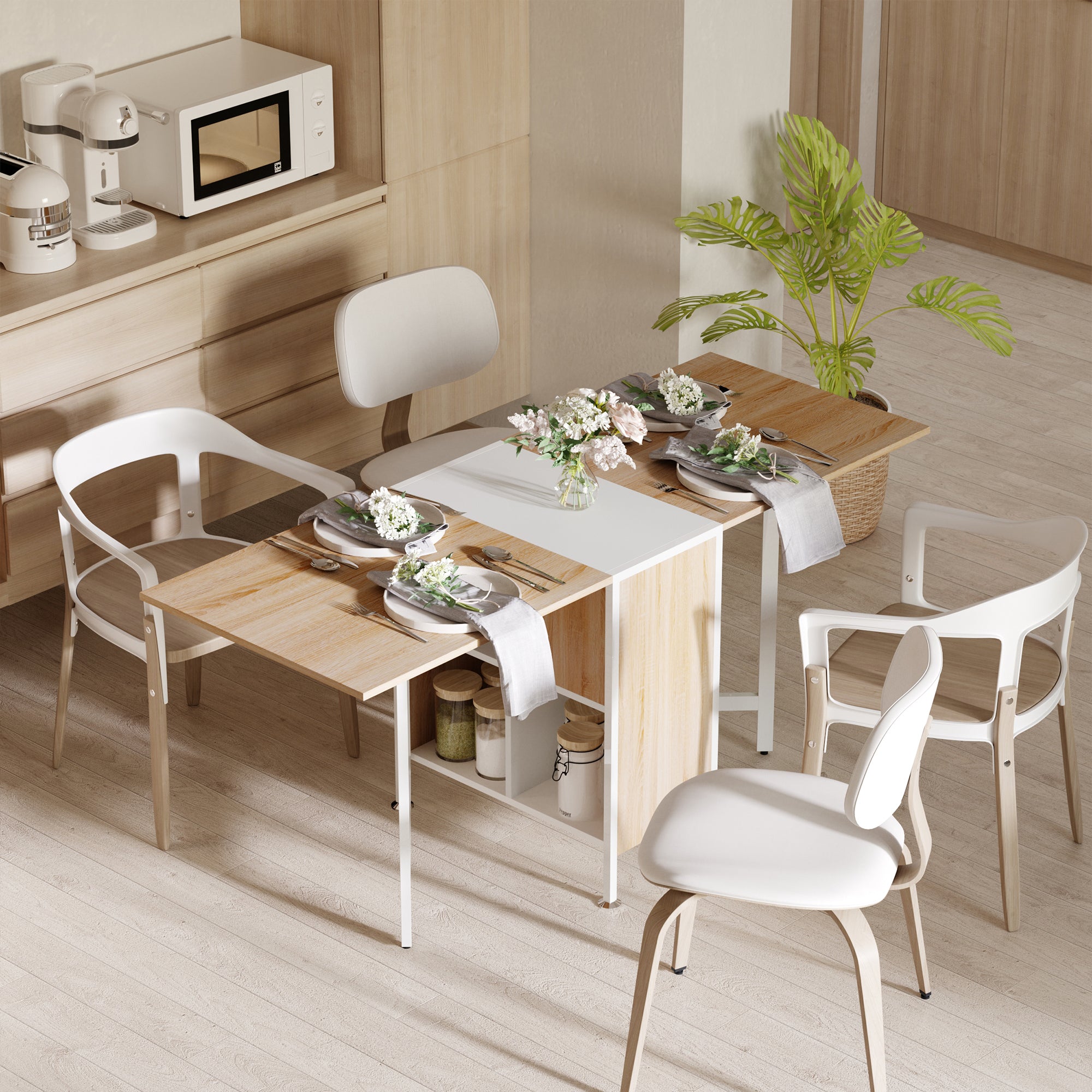HOMCOM Multi-use Space Saving Folding Dining Table with Hideaway Shelves for Kitchen, Dining, Study and Office