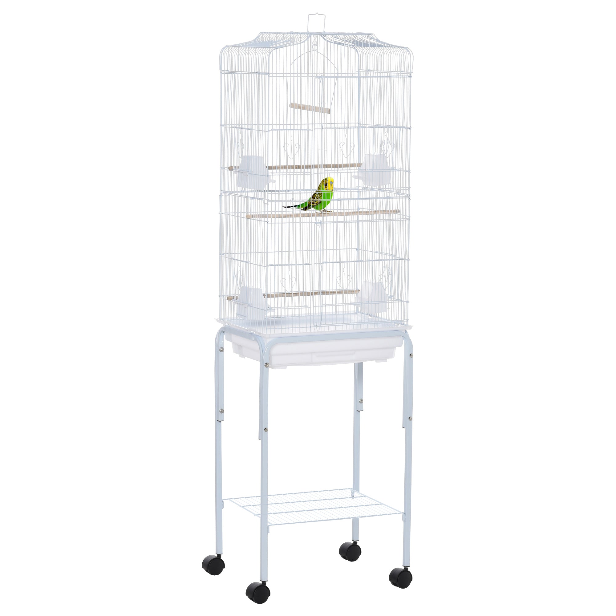 PawHut 62" Rolling Bird Cage Cockatoo House Play Top Finch Pet Supply with Storage Shelf, Wheels - White