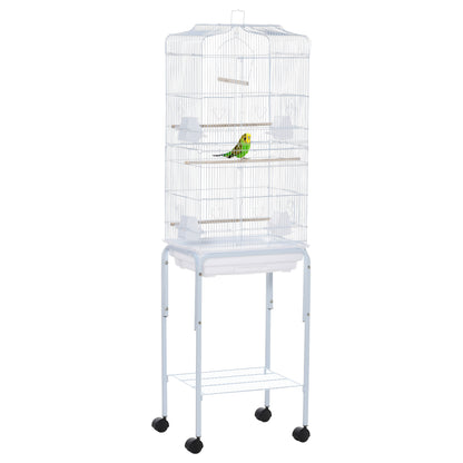 PawHut 62" Rolling Bird Cage Cockatoo House Play Top Finch Pet Supply with Storage Shelf, Wheels - White