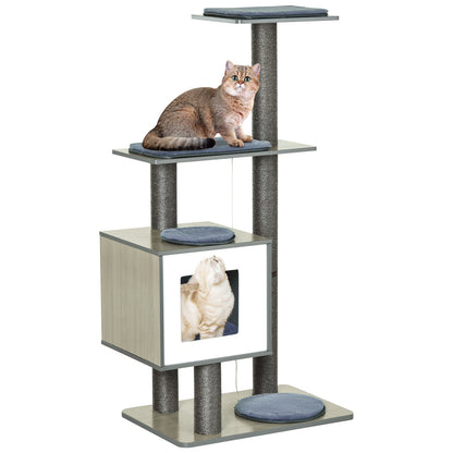 PawHut 47.2" Cat Tree, Kitten Scratcher, Activity Center, Play House with Condo Sisal, Scratching Post, and Mat - Grey