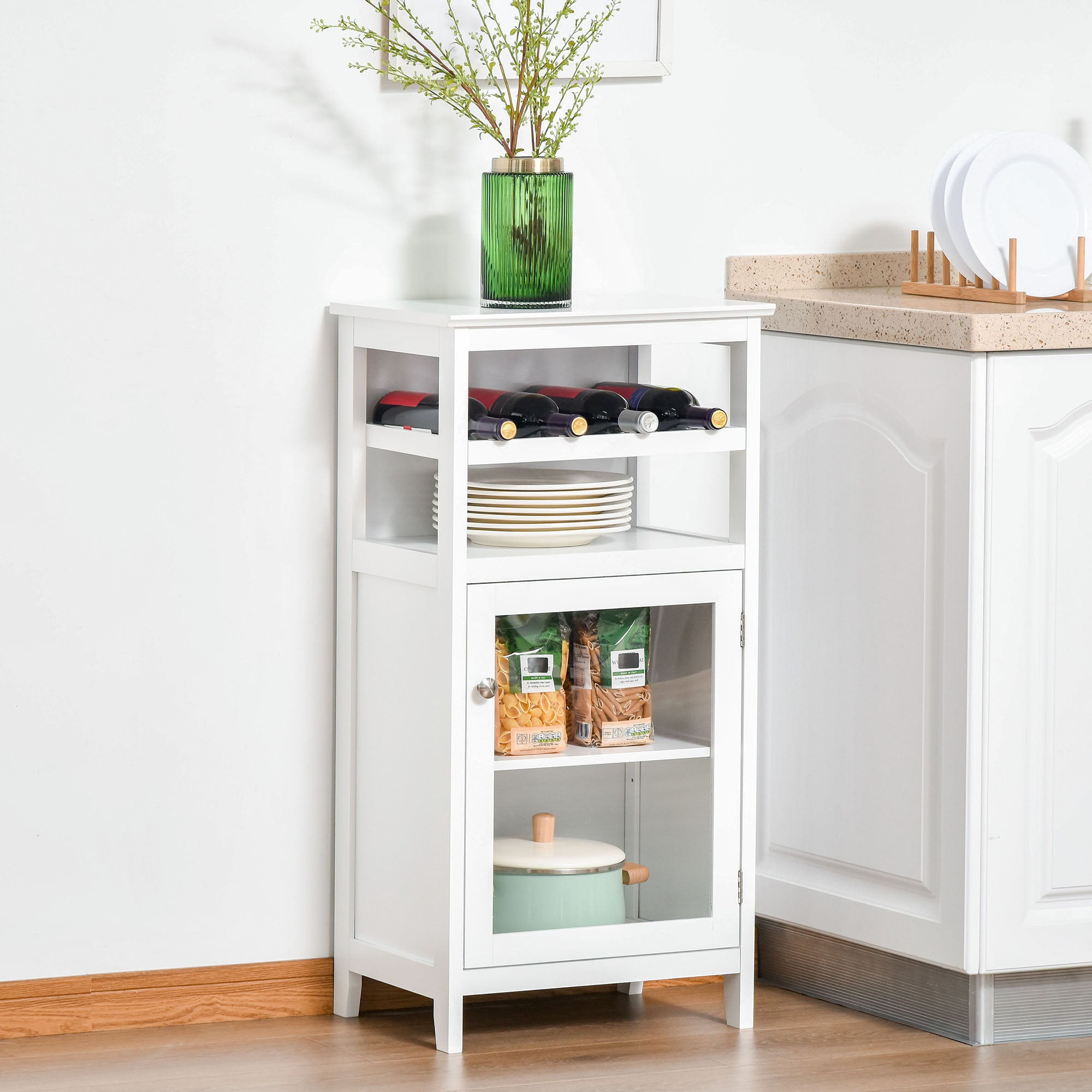 HOMCOM Wine Cabinet with 4 Bottle Wine Rack, Open Shelf, Acrylic Door Cabinet with Adjustable Shelf for Home Bar, White