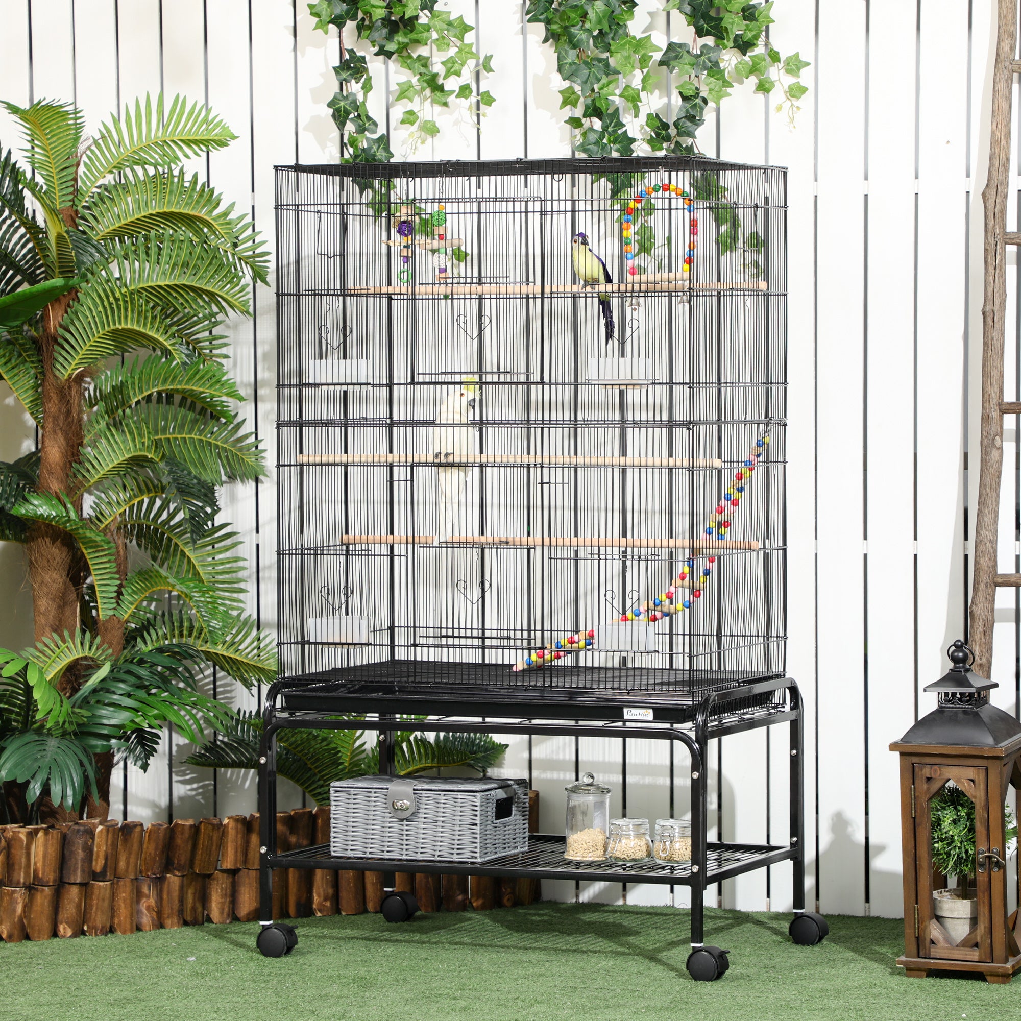 PawHut 52" Bird Cage with Rolling Stand, Toys, for Budgies Canaries Black