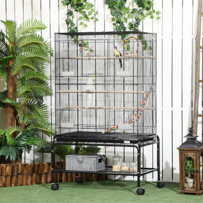 PawHut 52" Bird Cage with Rolling Stand, Toys, for Budgies Canaries Black