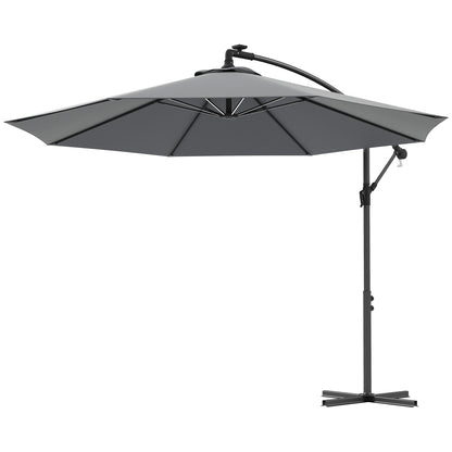 Outsunny 10ft Outdoor Cantilever Hanging Offset Umbrella with Solar LED Lights, Crank, Cross Base, Aluminum Frame, Grey