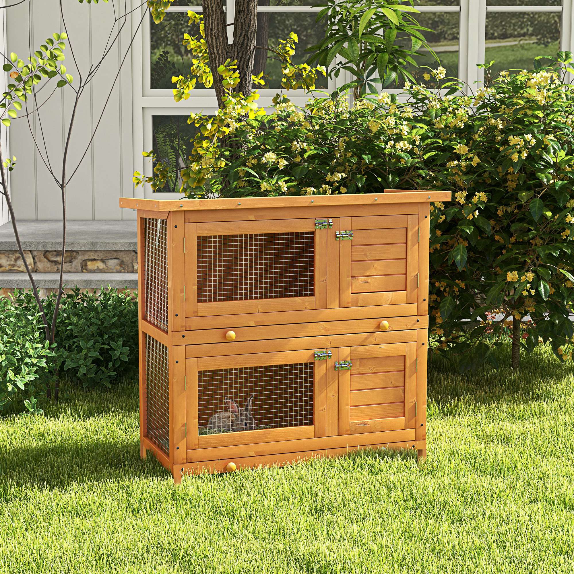 PawHut 2-Tier Wooden Rabbit Hutch Small Animal House Bunny Pet Cage with 2 Main Rooms, Sliding Tray, Opening Top, Yellow