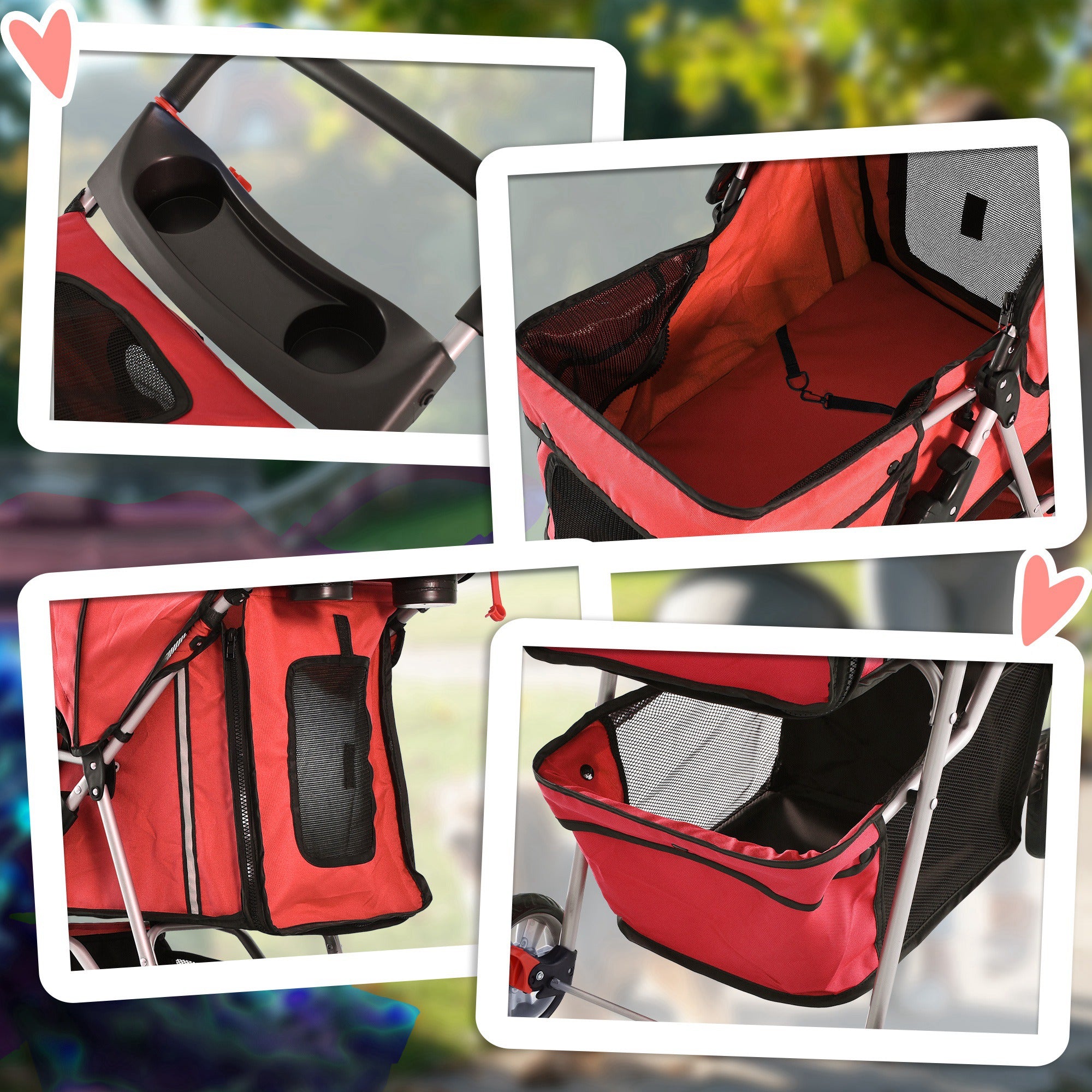 PawHut 4 Wheel Dog Pet Stroller Dog Cat Carrier Folding Sunshade Canopy with Brake, Red