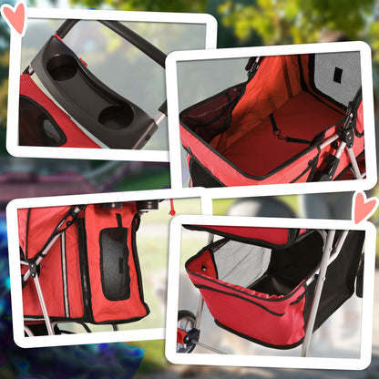 PawHut 4 Wheel Dog Pet Stroller Dog Cat Carrier Folding Sunshade Canopy with Brake, Red