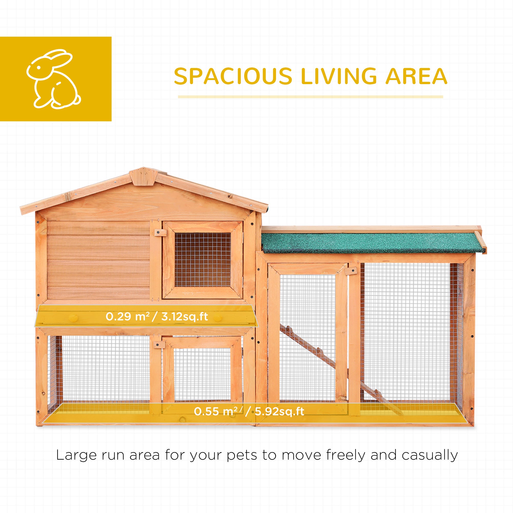 PawHut Two-Level Rabbit Hutch Small Animal House Pet Bunny Cage Home w/ Outdoor Run Water & UV Resistant Roof Access Ramp Natural Finish Guinea Pig Bunny Hamster Habitat