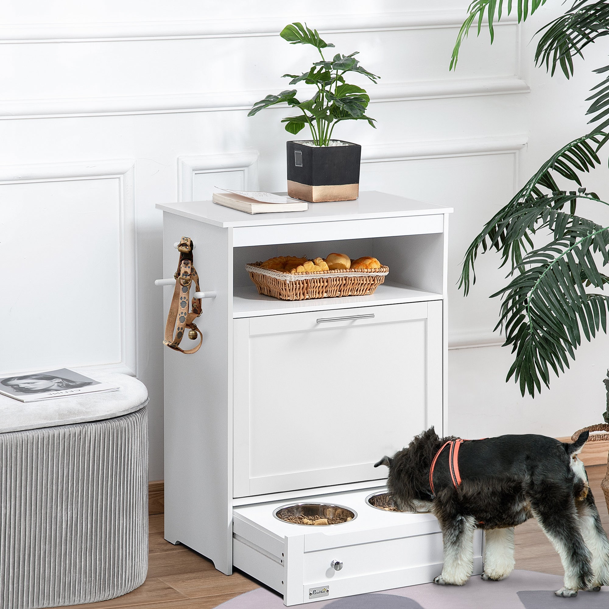 PawHut Pet Feeder Station Storage Cabinet, Dog Food Storage Container with Dog Raised Bowls, Watering Supplies, Gray