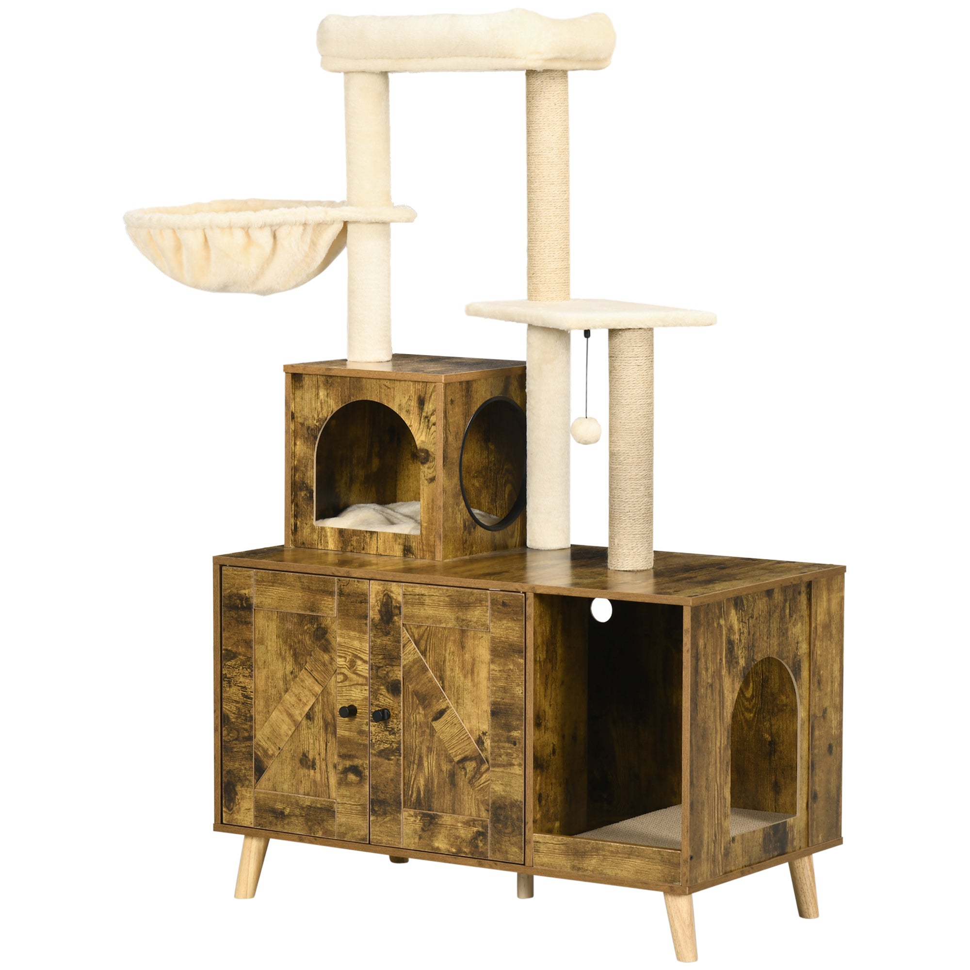PawHut Litter Box Enclosure with Cat Tree Tower, Hidden Cat Washroom Furniture with Condo, Scratching Posts, Large Platform, Hammock and Soft Cushion, Rustic Brown