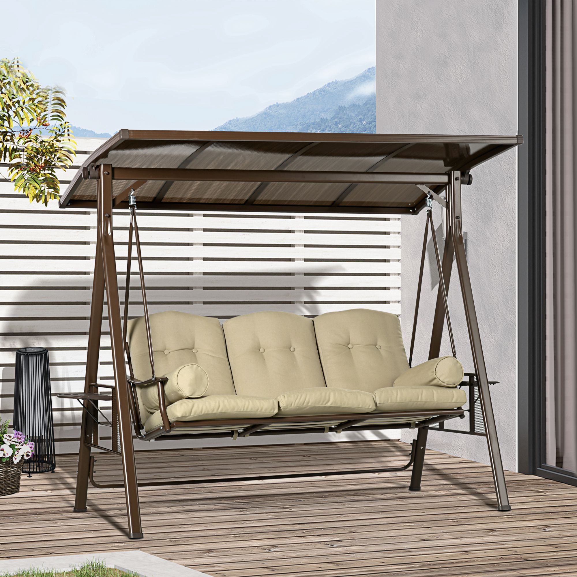 Outsunny 3-Seat Patio Swing Chair, Outdoor Canopy Swing Glider with Cushion, Pillows and Adjustable Polycarbonate Canopy for Porch, Garden, Poolside, Backyard, Khaki