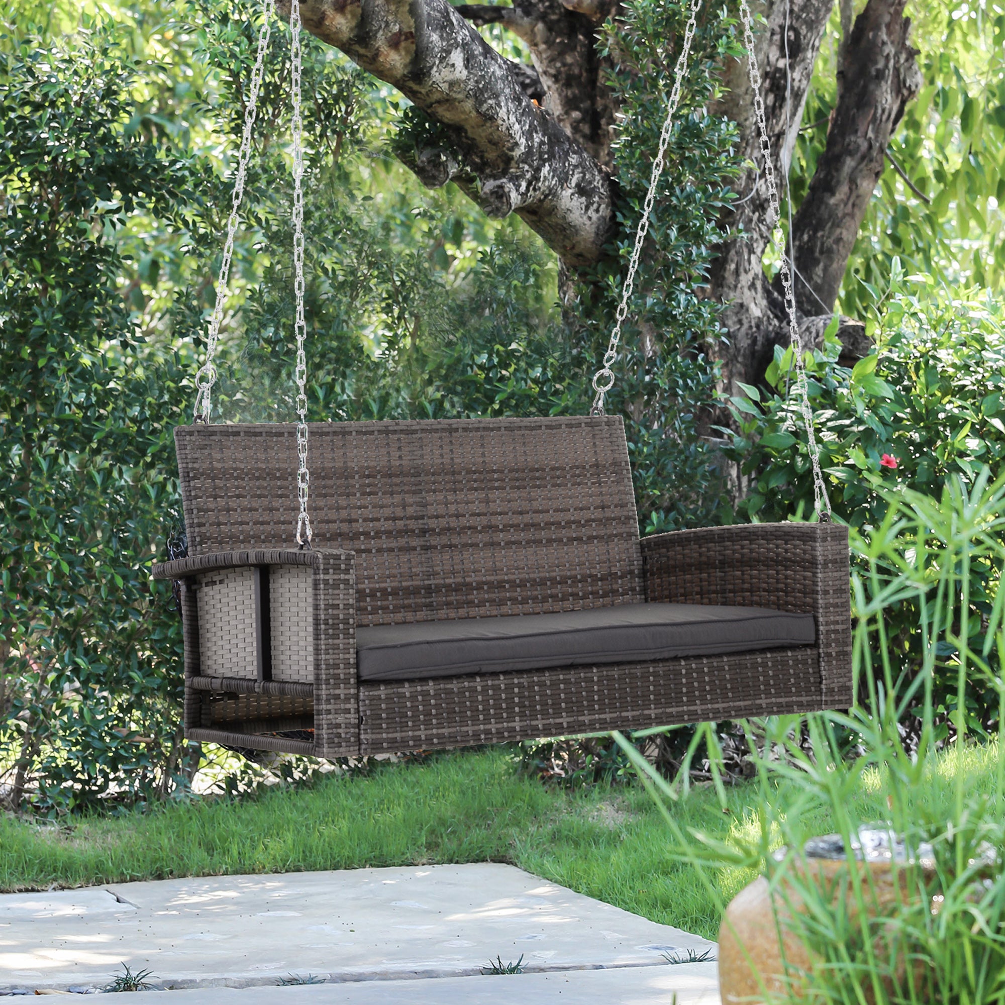 Outsunny 2-Person Patio Porch Swing Chair, Outdoor Rattan Hanging Bench with Cushion & 7.2 ft Steel Chains, Grey