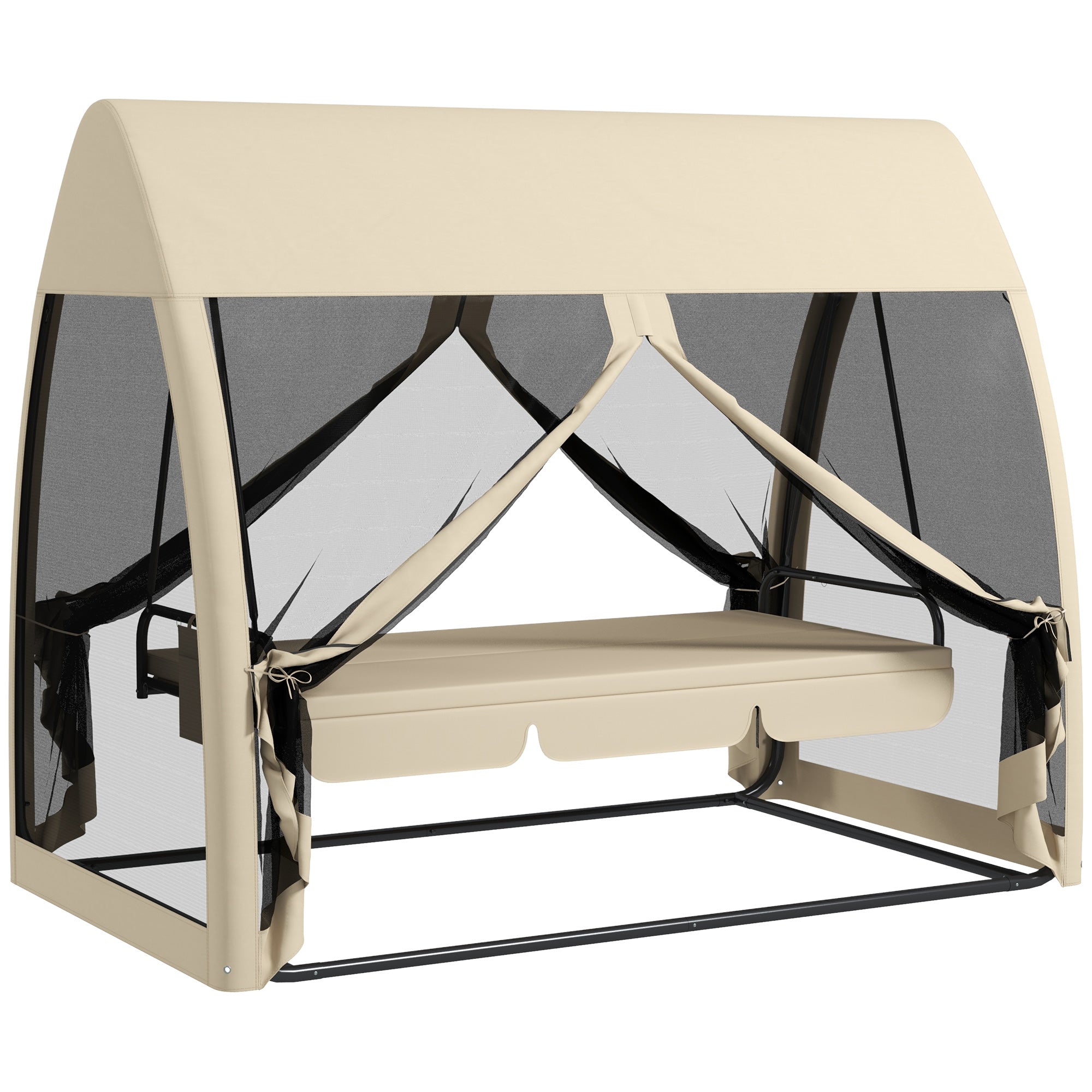 Outsunny 3-Seater Outdoor Swing Chair Chaise Lounger Bed Garden Hammock with Steel Stand, Canopy Netting Walls, Beige