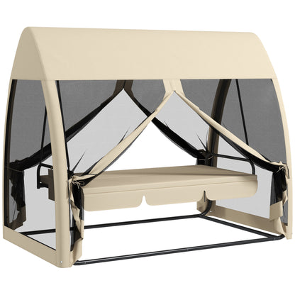 Outsunny 3-Seater Outdoor Swing Chair Chaise Lounger Bed Garden Hammock with Steel Stand, Canopy Netting Walls, Beige